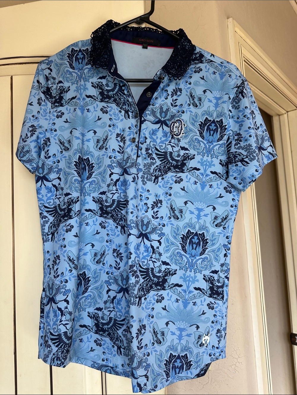 Greyson Light Blue Short Sleeve Polo with Navy Floral Print